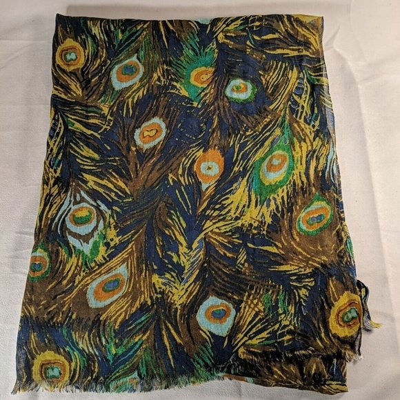 Cynthia Rowley Peacock Print Scarf Fringed Hem Loose Lightweight Fall Woven Bird - Picture 5 of 9